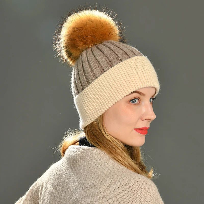 Bonnet à Pompon en Vraie Fourrure de Raton Laveur, Bonnet en Cachemire