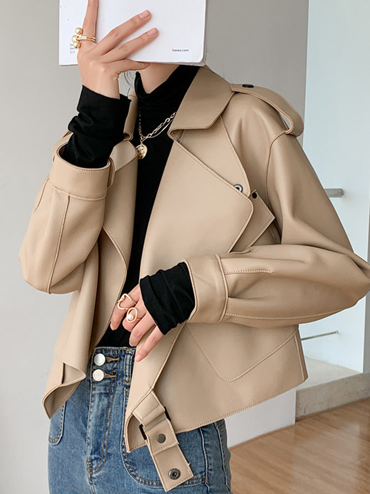 Nouvelle veste courte en cuir véritable pour femmes, coupe ample et décontractée.