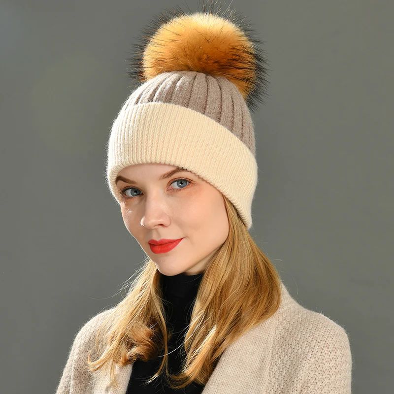 Bonnet à Pompon en Vraie Fourrure de Raton Laveur, Bonnet en Cachemire