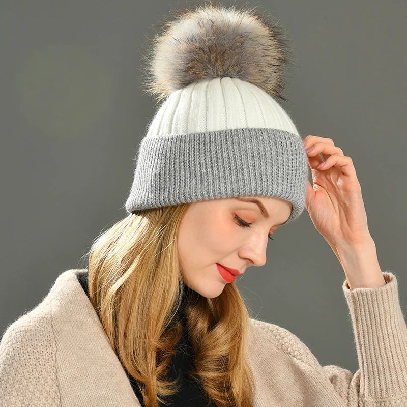 Bonnet à Pompon en Vraie Fourrure de Raton Laveur, Bonnet en Cachemire