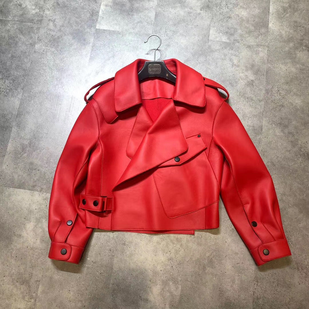 Nouvelle veste courte en cuir véritable pour femmes, coupe ample et décontractée.