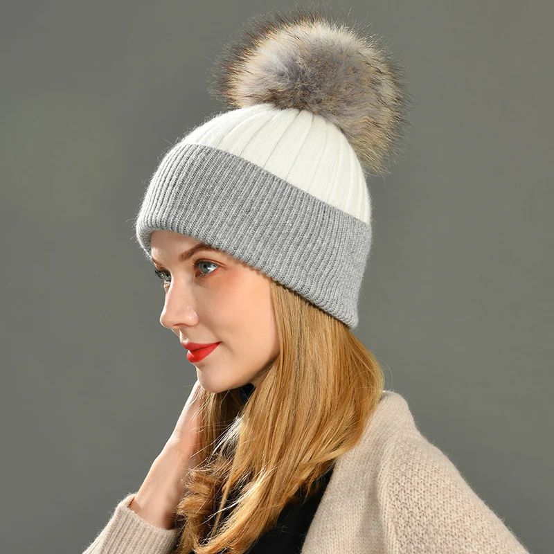 Bonnet à Pompon en Vraie Fourrure de Raton Laveur, Bonnet en Cachemire