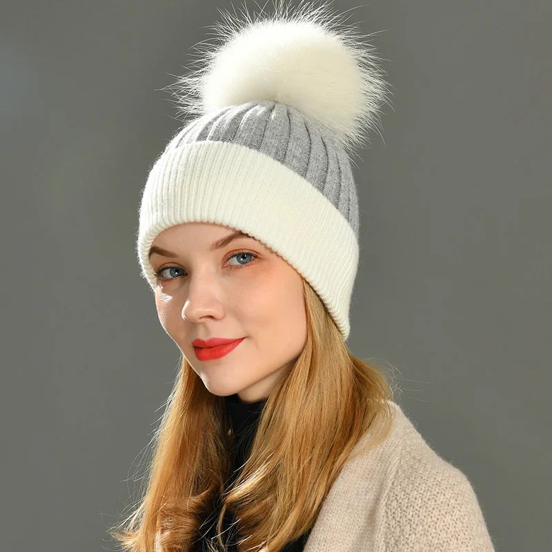 Bonnet à Pompon en Vraie Fourrure de Raton Laveur, Bonnet en Cachemire