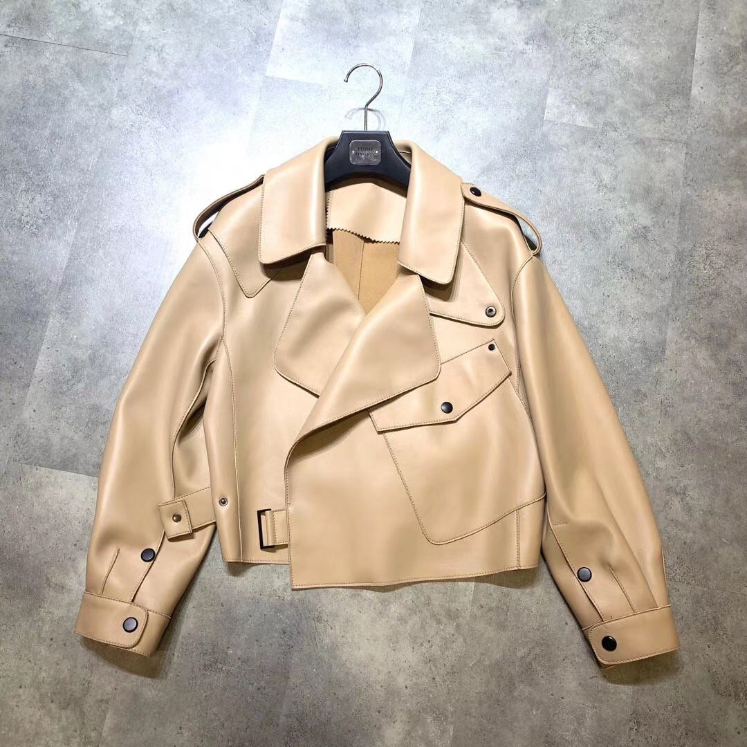 Nouvelle veste courte en cuir véritable pour femmes, coupe ample et décontractée.
