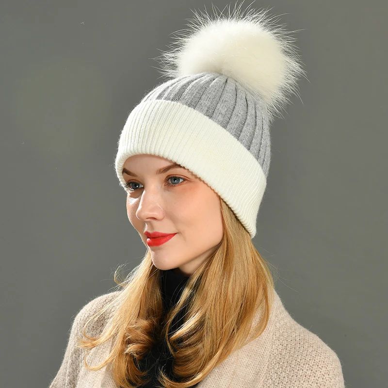 Bonnet à Pompon en Vraie Fourrure de Raton Laveur, Bonnet en Cachemire