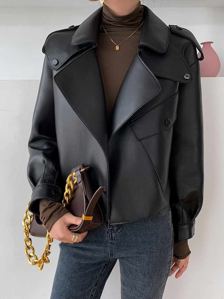 Nouvelle veste courte en cuir véritable pour femmes, coupe ample et décontractée.
